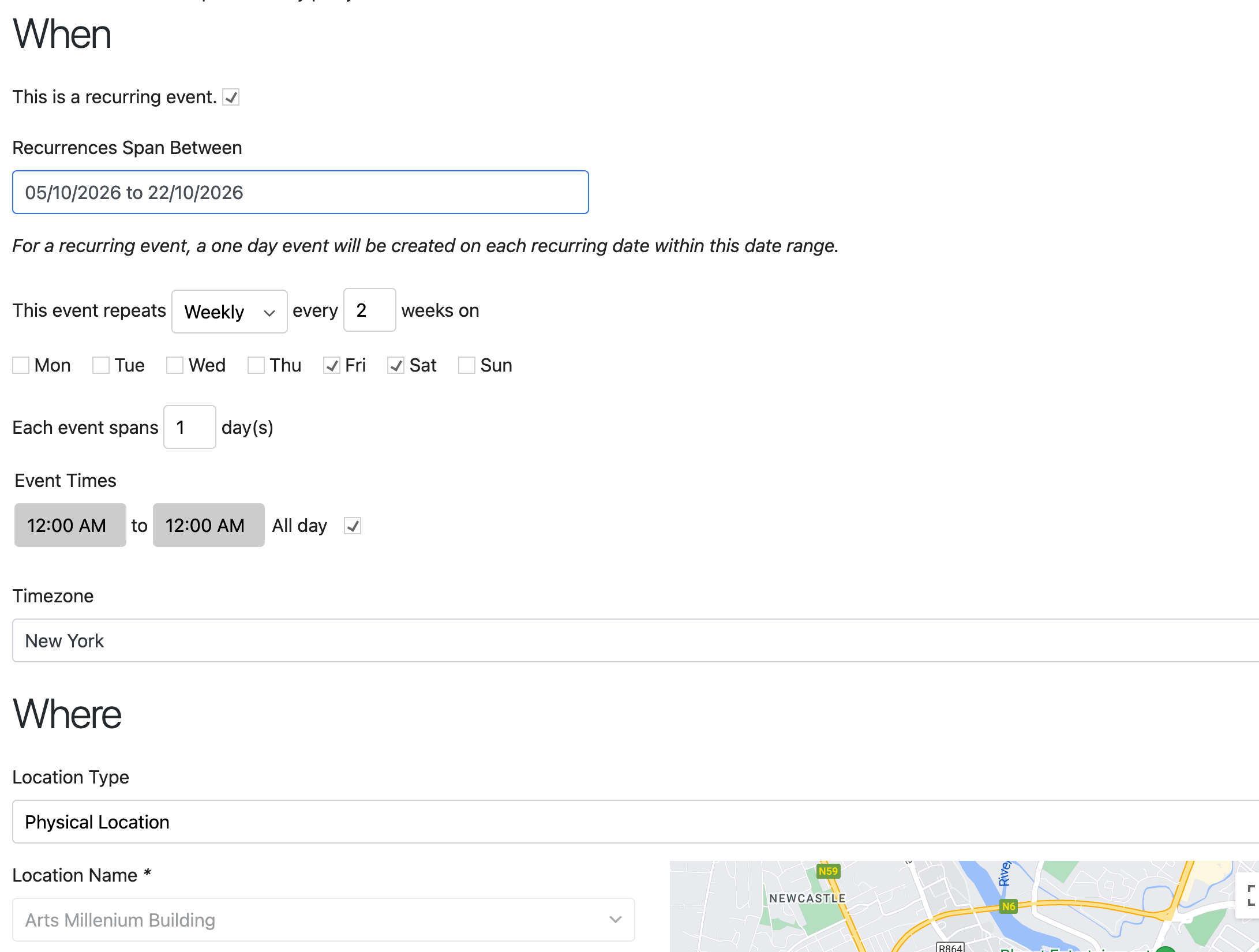 Create multiple events at once with our recurring events manager.