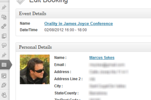 Personal and Event information summaries on the edit booking page.
