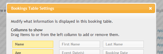 Click on the cog of a bookings admin table to choose your columns and other default values.
