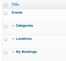 ss1 - new pages the new pages on the pages admin screen in WordPress. Events is the parents, with categories, locations and my bookings as the children