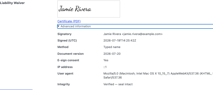 The signature certificate shown on a signed booking, including signatory, timestamp, method, and integrity check