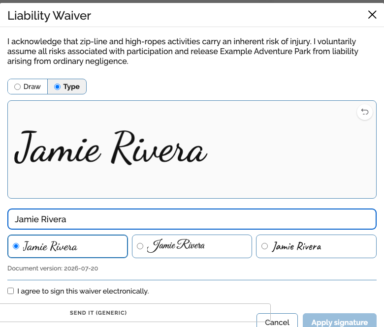 The signing modal in Type mode, showing a typed signature preview